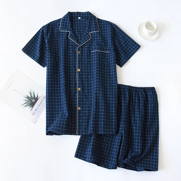 Riolio Men's Shorts Pajamas Suit for Summer Thin Short-sleeved Shorts Cotton Simple Plaid Design Pantalon Pijama Hombre Mens Sleepwear